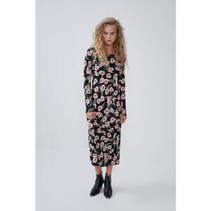 Zara Black Multicolor Floral Flower Long Sleeve Maxi Bodycon Mesh Dress Sz S